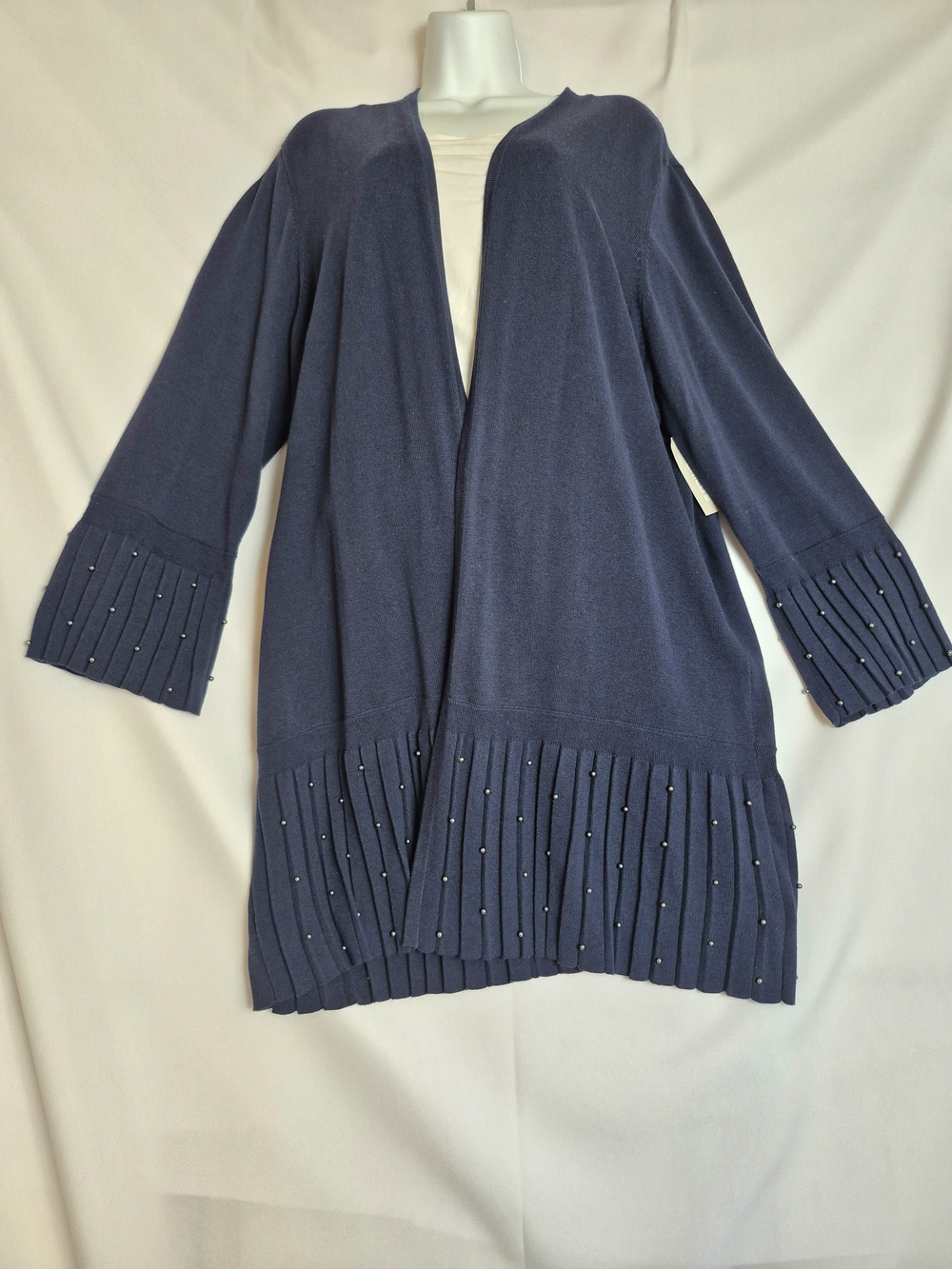 Chico's Navy Open Cardigan with Beaded Pleat Hem